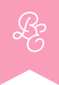 Pink banner with initials "BE"