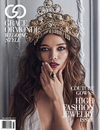 A woman wearing an ornate, jeweled crown and elegant gown poses with her hand touching her face. The text on the magazine cover reads Grace Ormonde Wedding Style and highlights Couture Gowns and High Fashion Jewelry Issue.