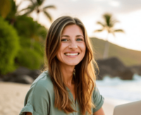 Young woman with sun-kissed hair and a relaxed smile, seated near the shoreline with waves, palm trees, and a tropical landscape in the background, enjoying a serene beach setting.