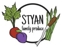 Colourful farm-themed logo with beetroot, plum, asparagus, and a garden knife surrounding the text “Styan Family Produce.”