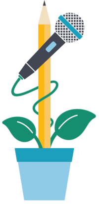 Illustration of a plant growing out of a pot with a pencil as the stem and a microphone entwined