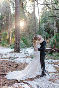 bride and groom kiss in the snowy forest