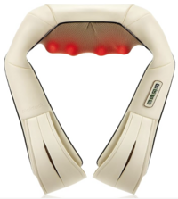 A beige electric neck and back massager with red infrared heat nodes visible under the mesh center. The device features arm straps and a side control panel for personalized use.