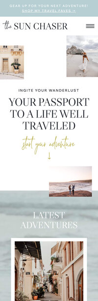 Screenshot of the mobile version of a modern Showit website template for travel bloggers