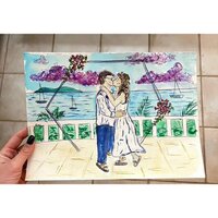 a watercolor painting of a couple at the alter on their wedding day