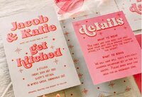 Pink and white invitations with fun font and glitter graphics