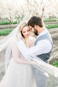 Bride and groom stand close at their almond blossom wedding in Fresno
