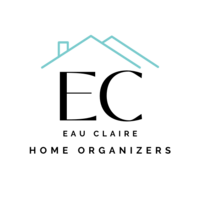 Logo in a sans serf font with words "Eau Claire Home Organizers" and a simple roof line illustration