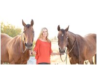 Barrel racer with her two horses for glowy golden hour photoshoot  in Corvallis, Montana