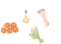 Custom illustrations for oranges, olive oil, face roller and greens for Nuri brand