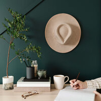 wide-brim hat on green wall