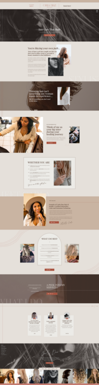 A webpage showcasing services for a hair salon, featuring images of hairstylists, hair products, client testimonials, and a section for booking appointments, all seamlessly integrated with branding and Showit web design for salons.