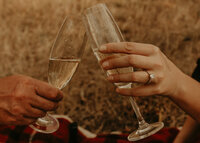 Photo of a couple's hand tossing their wine glasses