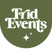 A 60's style retro font spells "Frid Events" on a semi-circle  moss green badge with retro stars at the bottom of the logo as an accent.