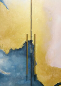 Abstract gold, blue, and blush painted doors with modern brass handles, used as visual branding for Kristin Skinner’s Organizational Design Playbook.