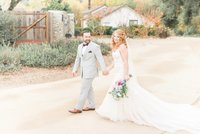 Bride and groom walk up memorial steps at their DC wedding