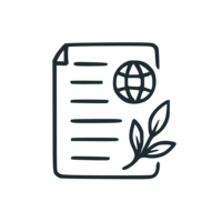 Line art icon of a document with a globe symbol and botanical sprig, representing professional experience.