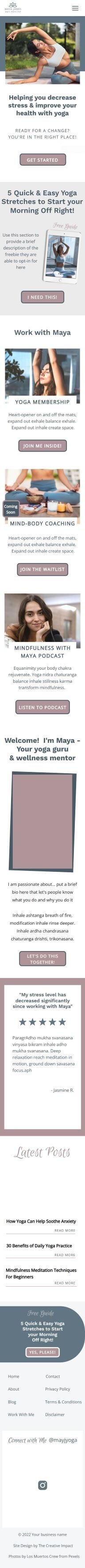 Iphone website mockup of Maya James yoga Maya doing yoga side stretch