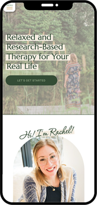 Therapy website mobile view with nature background. Top text reads 'Relaxed and Research-Based Therapy for Your Real Life.' Below, a smiling person with glasses is introduced as Rachel.