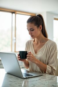 žena drží šálek s čajem nebo kávou, sedí za stolem a dívá se do laptopu