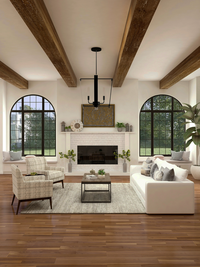 Modern living area with large arched windows and wooden beams on ceiling