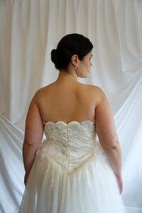 Basque waist column style wedding dress with detachable tulle skirt