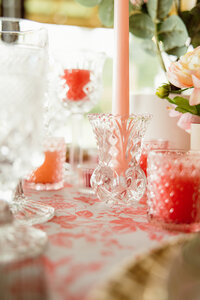 Wedding detail at The Venue at Valley View Farm in Jackson SC - soft pink and white reception table decor with elegant glassware and florals.