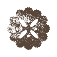 Distressed brown Bridget Mary sublogo: a dainty doily-like shape with four leaf-like shapes creating an "x" in the middle and dots in between each.