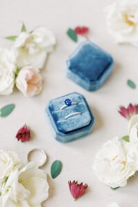 Blue Sapphire Engagement Ring win Velvet Box. This ring is the inspiration behind the name  Blue Sapphire Events a Washington DC Wedding Planner