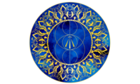 Blue emblem with ornate gold details