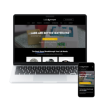 Mockup of a science-themed business website for Lab Armor, with a clean layout, dark hero banner, and desktop and mobile previews