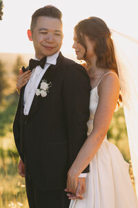 Husband and wife sharing a first look on their wedding day