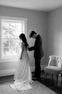 bride and groom getting ready together at Virginia wedding 