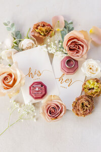Detail shots of wedding decor featuring a sunset sorbet color scheme with pastel pink, orange, and yellow tones