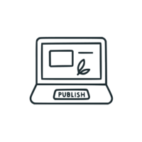 Line art icon of a laptop with a publish button and botanical sprig, symbolizing stress-free website updates.
