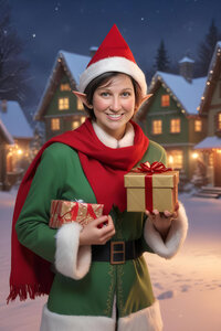 female elf in winter land with presents