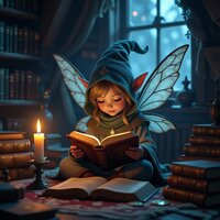 Fairy girl reading an old book in a library