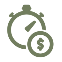Icon representing project time and cost efficiency with a stopwatch and dollar sign.