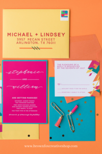Bold orange, teal and pink invitations