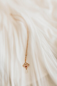 Wedding necklace displayed on sheer wedding gown. 