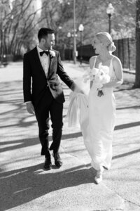 Bride and groom walking down Olive Park by wedding photographer chicago Allison Francois
