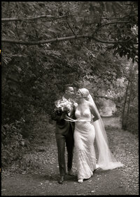 film style black and white photo of a couple on their wedding day