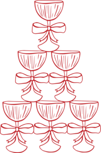Piirroskuva Shampanajlasitornista.Kuvassakuusi lasia aseteltu pyramidin muotoon