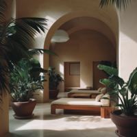 Luxury wellness lounge with arched architecture, tropical plants, and minimalist daybeds designed for rest, reflection, and rejuvenation in a tranquil space.