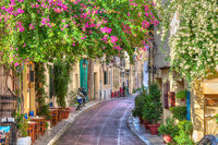 A narrow, colorful street lined with vibrant flowers hanging from buildings and potted plants. Tables and chairs sit outside a café on the left. The atmosphere is lively and inviting, with people walking along the winding, sunlit path.