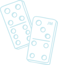 Illustration of baby blue domino set of two with "JM" initials- bold, personalized art with playful Latina flair.