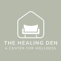 The Healing Den logo with green background and white outline of a home with white couch in the center with the words The Healing Den A Center for Wellness below it