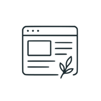 Line art icon of an organized website layout with a botanical sprig, symbolizing clarity and confidence.