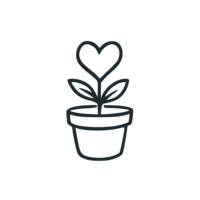 Line art icon of a potted plant with a heart-shaped bloom, symbolizing heart-centered collaboration.