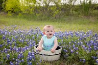 Baby in bucket of bluebonnets